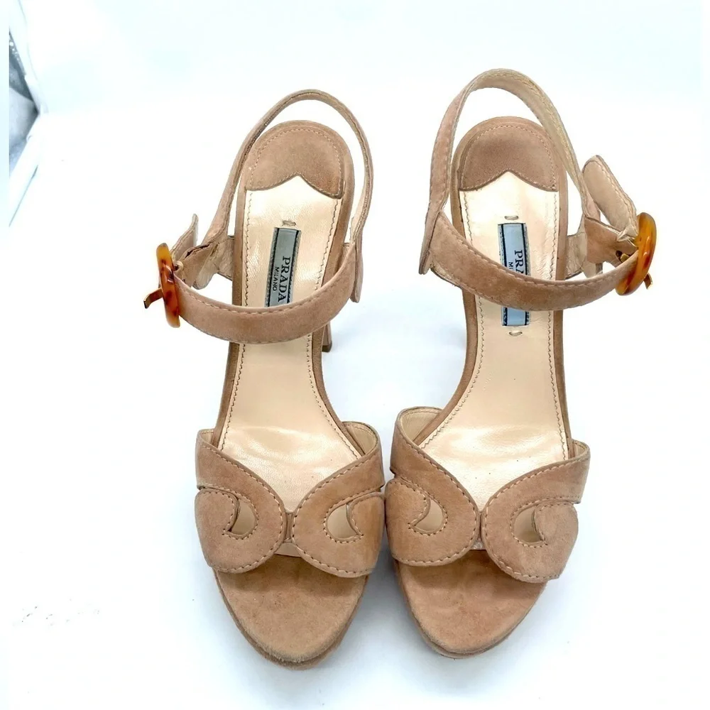 Prada Beige/ Tan Suede leather platform strappy ankle strap sandals heels 37